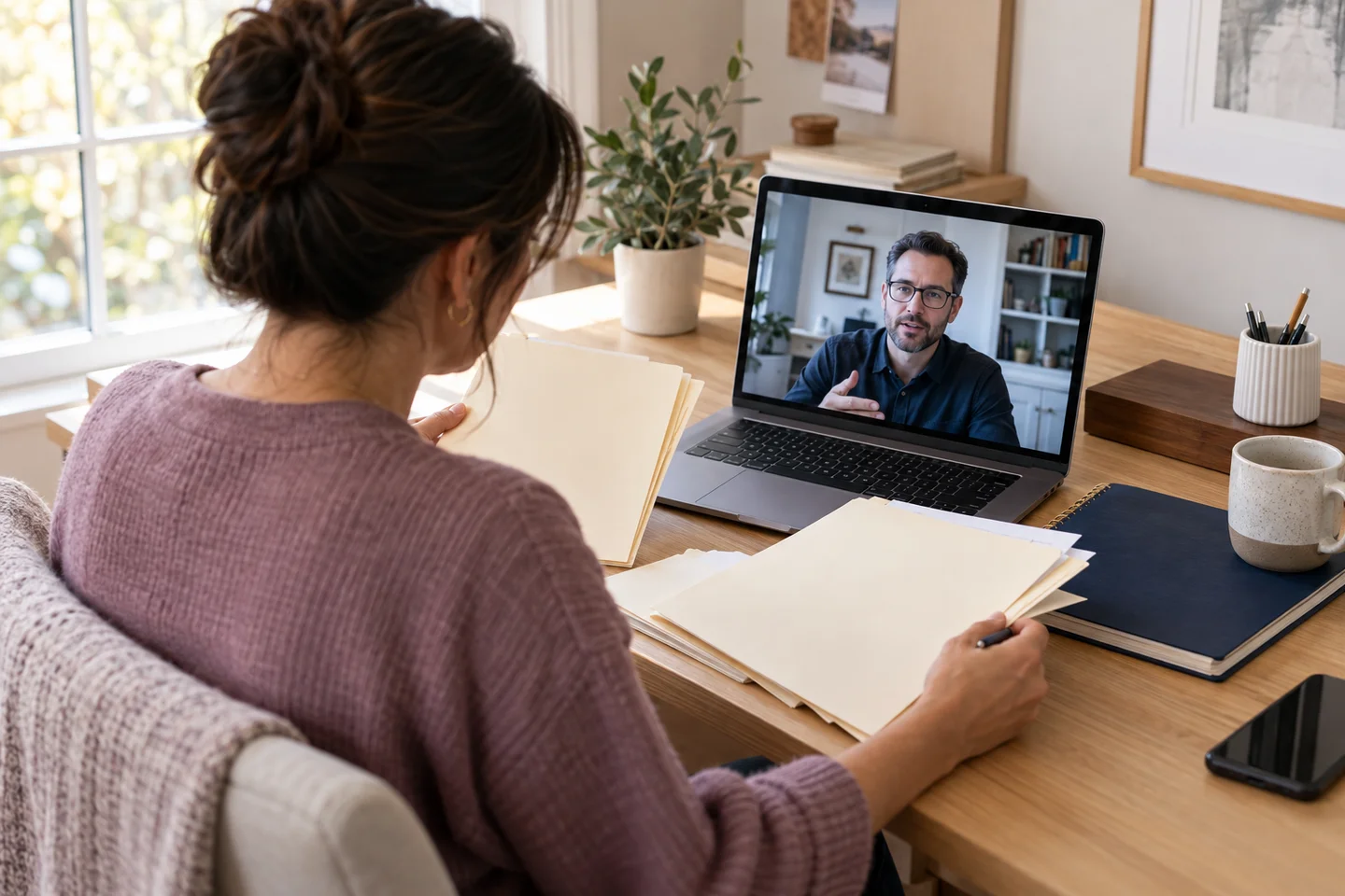 Illustration of an office professional reviewing files with a remote colleague by video call.